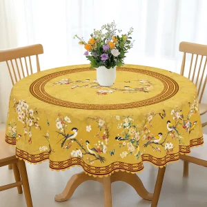 1 Piece Retro Style Flower and Bird Print Round Tablecloth, 5 Sizes Available, Square Tablecloth with Retro Shading Plum Blossom Flower and Bird Print Design, Edge Embossing Process, Daily Garden Tablecloth Decoration, Tablecloth for Daily Home Kitchen, Terrace Use, Spring and Summer Home Decoration