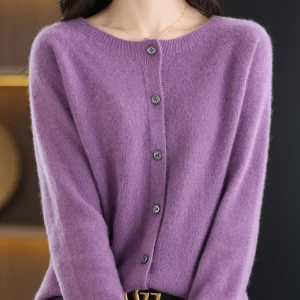 2024 New Chic Women's Basic O-neck Cardigan 100% Merino Wool Sweater Soft Grace Knitwear CoatSpring Autumn Female Clothes Tops