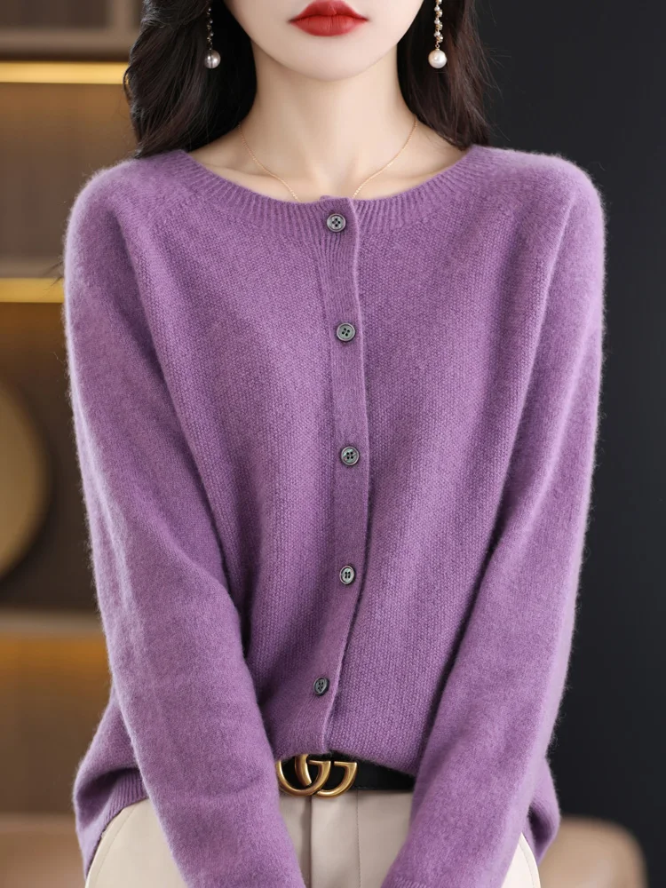 2024 New Chic Women's Basic O-neck Cardigan 100% Merino Wool Sweater Soft Grace Knitwear CoatSpring Autumn Female Clothes Tops - الصورة 11