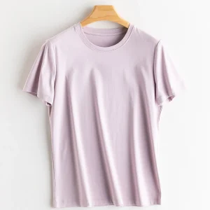 SuyaDream Women Solid T shirts, Silk Cotton Blend, O Neck, Short Sleeved Solid Tee,2025 Summer Candy Colors Basic Cozy Top Green