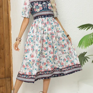 2024 Europe and America autumn ladies round neck short sleeve long skirt Bohemian print dress woman