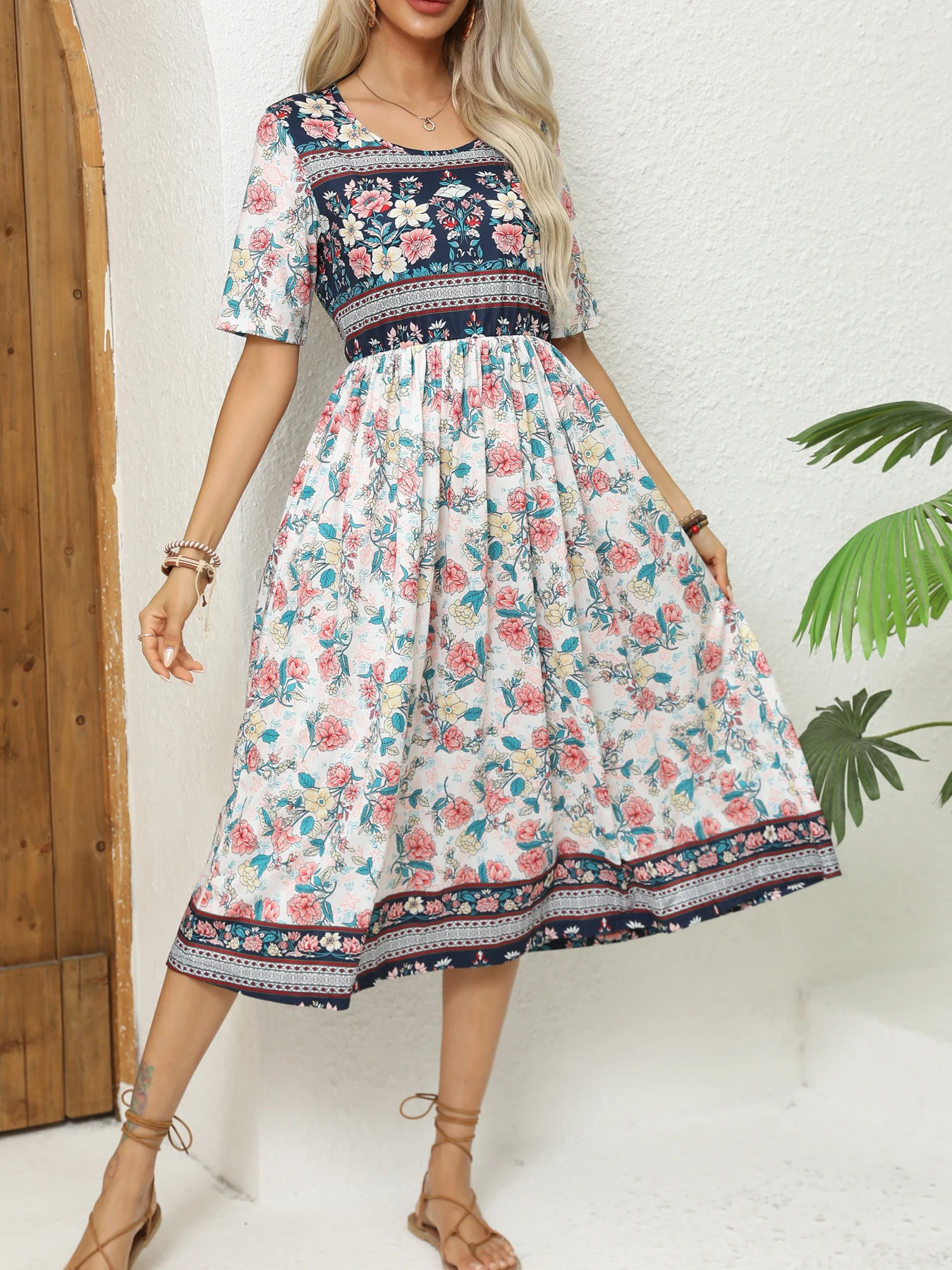 2024 Europe and America autumn ladies round neck short sleeve long skirt Bohemian print dress woman - Image 3