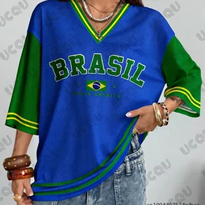Summer New Vintage Brazil Print Women V-Neck T Shirt Patchwork Short Sleeve Sports Tees Football Jersey Y2K Loose Oversized Tops