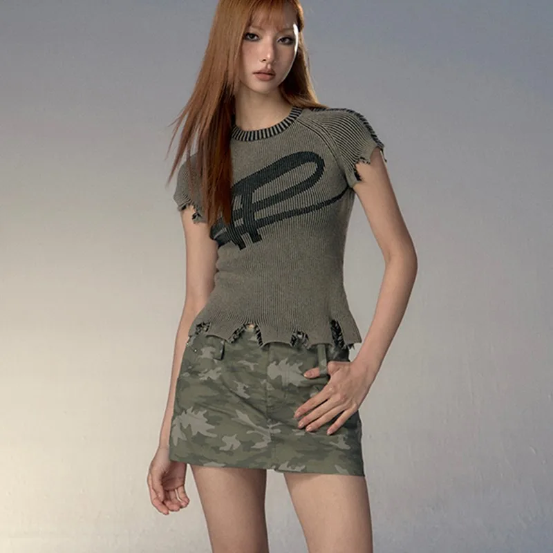 Karrcat Grunge Aesthetics Knitted Top Vintage Distressed T-shirt Punk Broken Crop Top Harajuku Slim Ribbed Tshirt Y2k Streetwear - Image 4