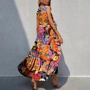 2026 Spring/Summer European & American Women's New Arrival Retro Printed Dress, V-Neck Slimming A-Line Dress for Casual