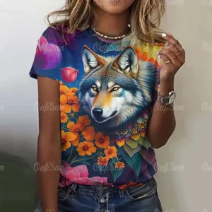 New T-shirt For Women Wolf Print Tees O Neck Loose Short Sleeve Blouse Female Fashion Animal Graphic Tops Harajuku Streetwear