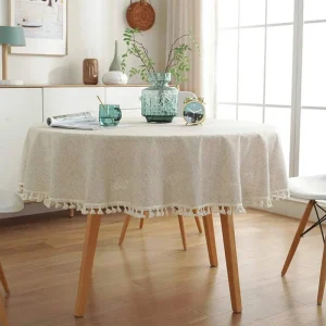 Solid Color Round Tablecloth Cotton Linen Fabric Tassel Dust-Proof Table Cover for Kitchen Dinning Farmhouse Tabletop Decoration
