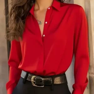 Women's  Long Sleeve Button Down Blouse - Elegant Office Chic Top with Classic Collar & Versatile Style