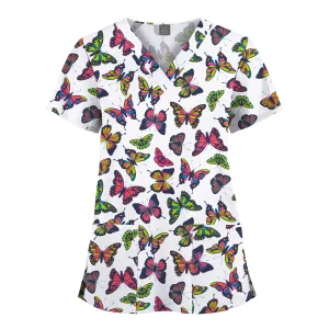 Wholesale Polyester Spandex Uniforms Beautiful Hospital Scrubs Tops Women Nurse Printed Scrub Top Healthcare Nursing Scrub Shirt