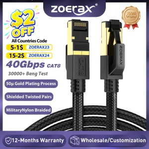 ZoeRax Cat8 Ethernet Cable 0.3-30M 40Gbps 2000MHz RJ45 CAT8 Network Nylon Braided Internet Lan Cord for Laptop PS 5/4 Router