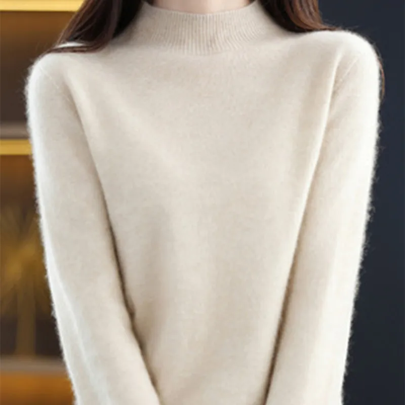 Half High Solid Color Cashmere Sweater For Women Loose Pullover Autumn and Winter Contracted Commuter Basic Knitwear Top Base - الصورة 10