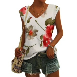 Women's Basic T-shirts Blue Flower Printed Breathable V Neck Cap Sleeves Tank Tops Vintage Summer Beach Loose Fit Tees Tops
