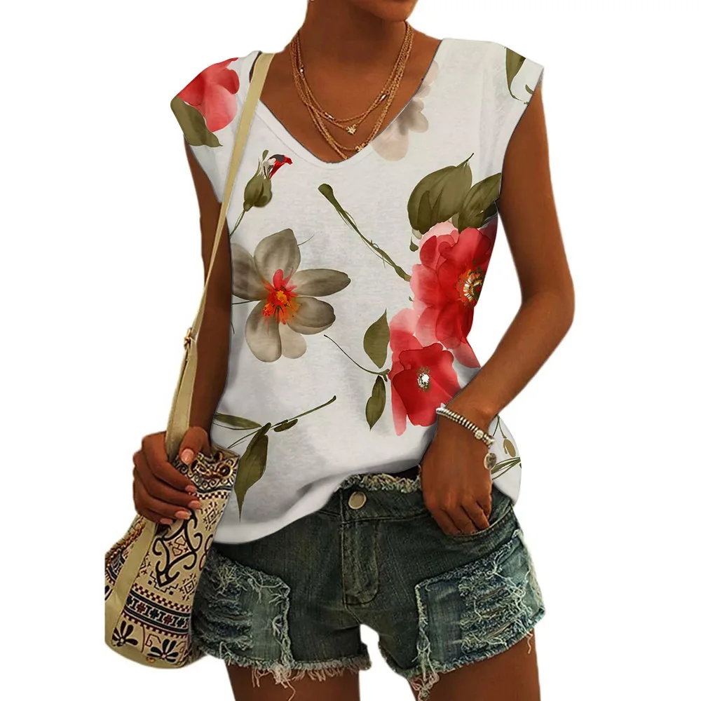 Women's Basic T-shirts Blue Flower Printed Breathable V Neck Cap Sleeves Tank Tops Vintage Summer Beach Loose Fit Tees Tops - Image 22