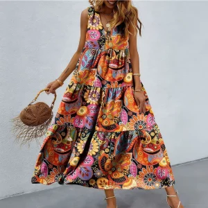 2026 Spring/Summer European & American Women's New Arrival Retro Printed Dress, V-Neck Slimming A-Line Dress for Casual