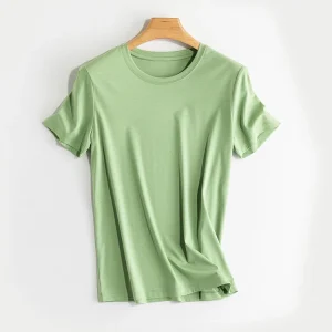 SuyaDream Women Solid T shirts, Silk Cotton Blend, O Neck, Short Sleeved Solid Tee,2025 Summer Candy Colors Basic Cozy Top Green