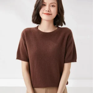 Spring and Summer New Short-sleeved Women O-neck Slim Wool Cotton Blend Pullover Vest T-shirt Knitted Base Sweater