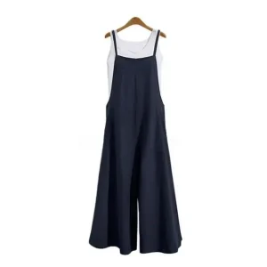 Women Straps Jumpsuit Summer Solid Color Wide Leg Pants Dungaree Bib Overalls Casual Loose Sleeveless Cotton Linen Jumpsuits 5Xl