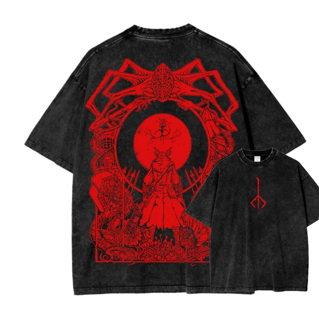 New Top Fashion Action Role-playing GameBlood Borne Peripherals Print T-shirt Vintage Washed Men Women Cotton Loose Oversize Tee - Image 8