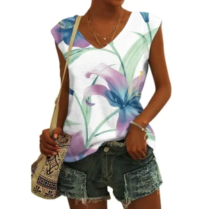 Women's Basic T-shirts Blue Flower Printed Breathable V Neck Cap Sleeves Tank Tops Vintage Summer Beach Loose Fit Tees Tops