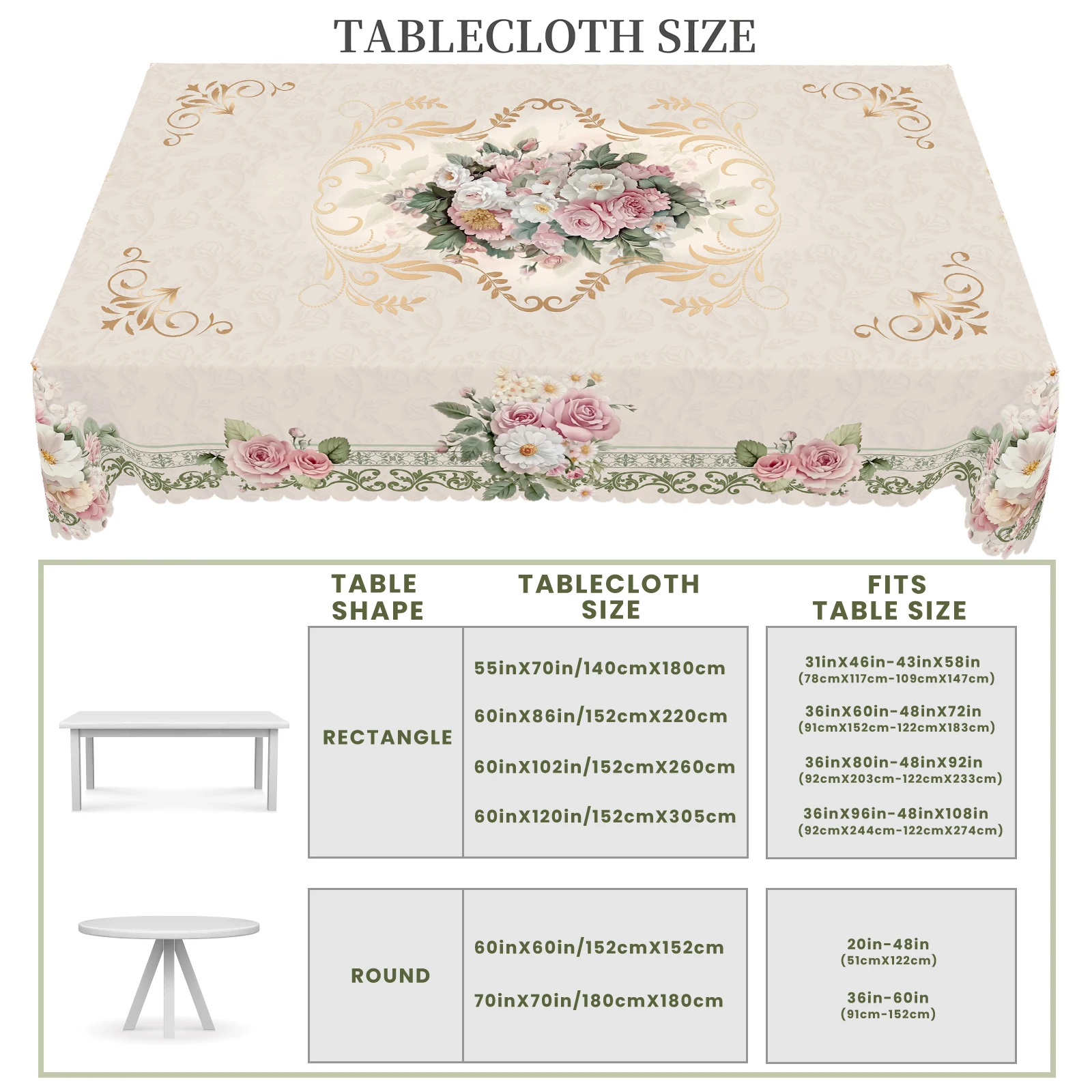 1 Piece of Retro Beige Rose Daisy Pattern Tablecloth, Elegant and Romantic French Style Floral Print Round, Rectangular Tablecloth, Suitable for Home Kitchen, Dining Table, Garden, Courtyard Indoor and Outdoor Decorative Tablecloth, Suitable for Valentine's Day, Mother's Day, Wedding, Birthday, Anni - الصورة 6