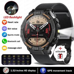 Smartwatch Military Men 360*360 HD Screen Flashlight Health Monitor Waterproof Heart Rate BT Call Smart Watch