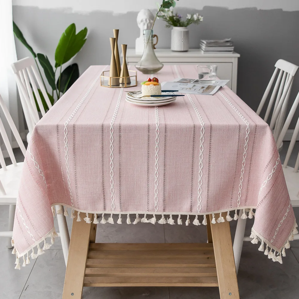 Cotton Linen Stripe Tassel Tablecloth Stain Resistant Dust-Proof Table Cover for Kitchen Dinning Tabletop Decoration Rectangular - Image 9