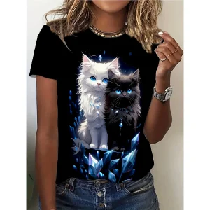Women's Tee - White & Black Crystal Cats Graphic, Mystical Glowing Feline Design for Casual Daily Wear