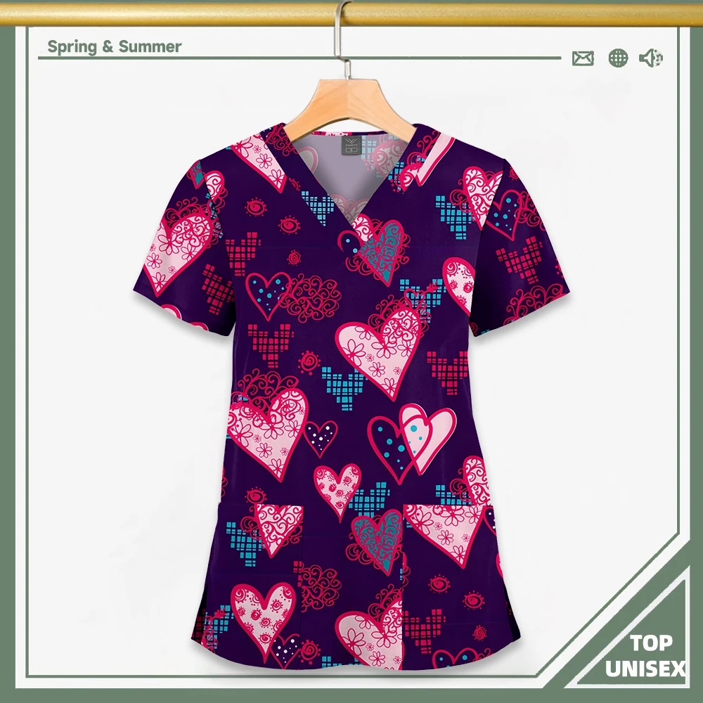 Surgical Uniform Printing Holiday Beautiful Shirt V-neck Style Pocket Design Blouse Surgical Top Woman Men Nurse Medical Uniform - الصورة 35