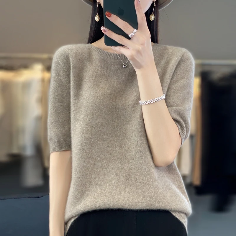 First-line ready-to-wear 100% Merino wool knitted short-sleeved women's loose solid color slim commuter five-point cuff T-shirt - الصورة 10