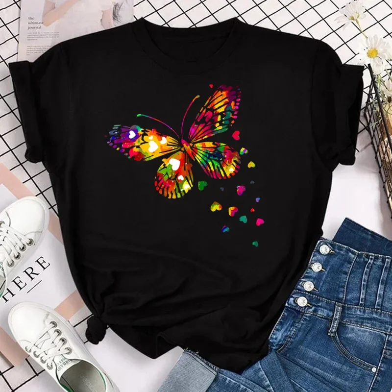 New Fashion Women T-shirt Colorful Butterfly Petal Print Short Sleeve and Round Neck Cute Graphic Tee Shirts Female Tops Clothin - Image 2