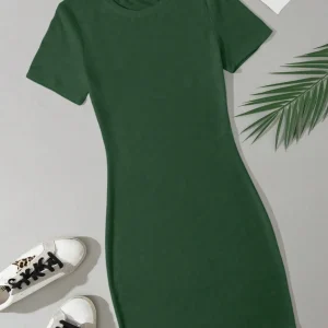 Summer women's fashion simple green solid color casual slim fit short sleeve round neck short mini dress 2024 New