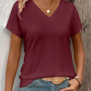 Women's Solid Color V-Neck T-Shirt - Oversized Short-Sleeve, Curved Hem, Soft Fabric, Available in Black, Gray & Navy