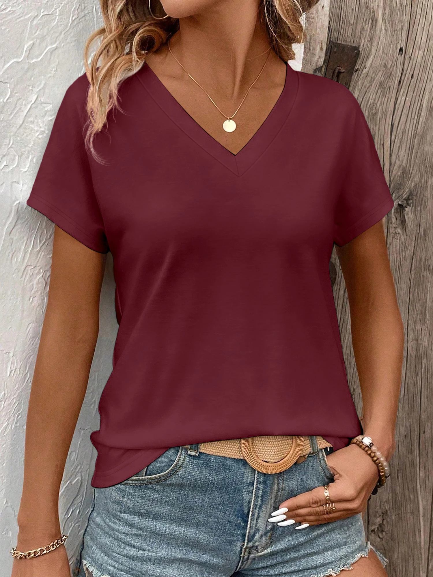 Women's Solid Color V-Neck T-Shirt - Oversized Short-Sleeve, Curved Hem, Soft Fabric, Available in Black, Gray & Navy - Image 8