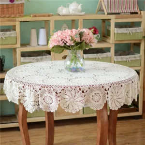 Round Crochet Table Cloth Handmade Lace Tablecloth Vintage Hand Tablecloth Crochet White Beige Color
