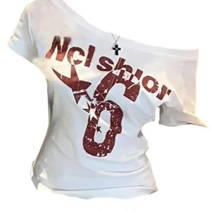 Summer Y2k Sport Off shoulder Top Women Sexy Vintage 2000s Short sleeve T shirt  Lady Body Basic Crop Top Female Casual