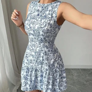 Spring/Summer Boho And French-Style Blue And White Floral Dress, Sleeveless With A Round Neckline
