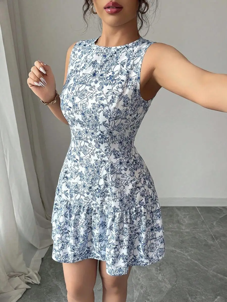 Spring/Summer Boho And French-Style Blue And White Floral Dress, Sleeveless With A Round Neckline - Image 4