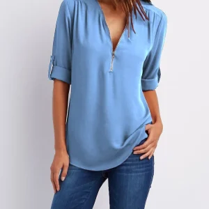 2025 Hot Sale Women Cool Loose Shirt Deep V Neck Chiffon Fashion Blouse Casual Ladies Tops Sexy Zipper Pullover Plus Size