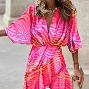 Women Print Dress Sexy V-Neck Bat Sleeve Ruffl Flowers Print Bohemian Beach Sundress Ladies Loose Summer Vacation Mini Dresses