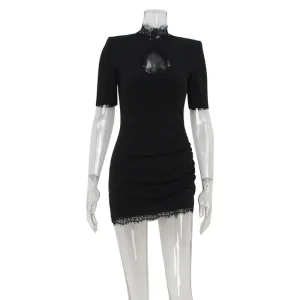 Lace Patchwork Hollow Out Bodycon Sheath High Collar Women Dresses Half Sleeves Outfits Sexy Club Fashion Female Mini Vestidos
