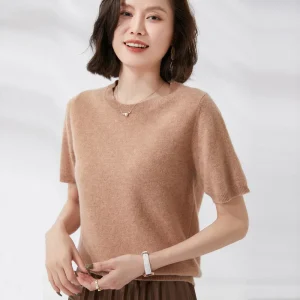Spring and Summer New Short-sleeved Women O-neck Slim Wool Cotton Blend Pullover Vest T-shirt Knitted Base Sweater