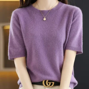 New Short-sleeved Knitwear Women O-neck T-shirt Wool Cotton Blend Pullover Vest Sprig Summer Bottoming Tops Sweater Solid Soft