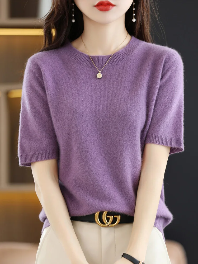 New Short-sleeved Knitwear Women O-neck T-shirt Wool Cotton Blend Pullover Vest Sprig Summer Bottoming Tops Sweater Solid Soft - Image 20