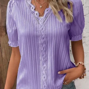 Elegant Women Blouse Shirt V Neck Lace Patchwork Short Sleeve Shirts For Women Summer Lady Tops
