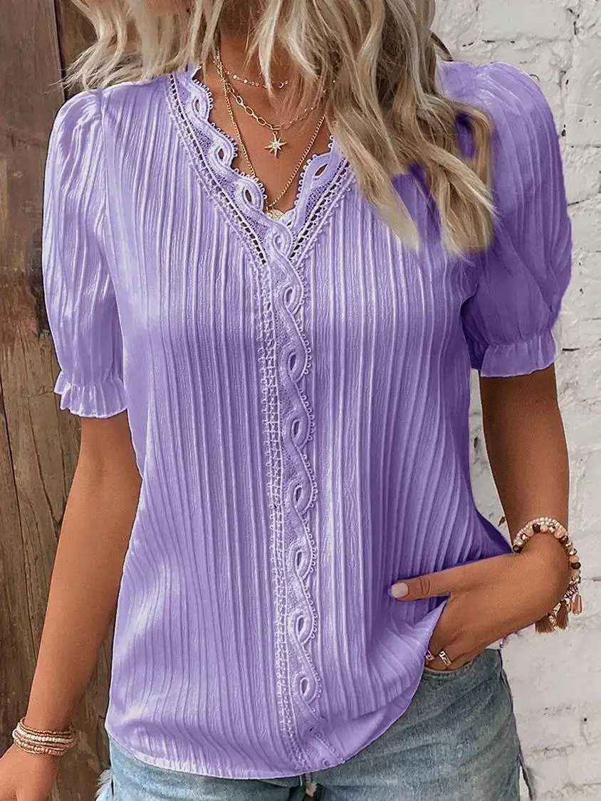 Elegant Women Blouse Shirt V Neck Lace Patchwork Short Sleeve Shirts For Women Summer Lady Tops - الصورة 3