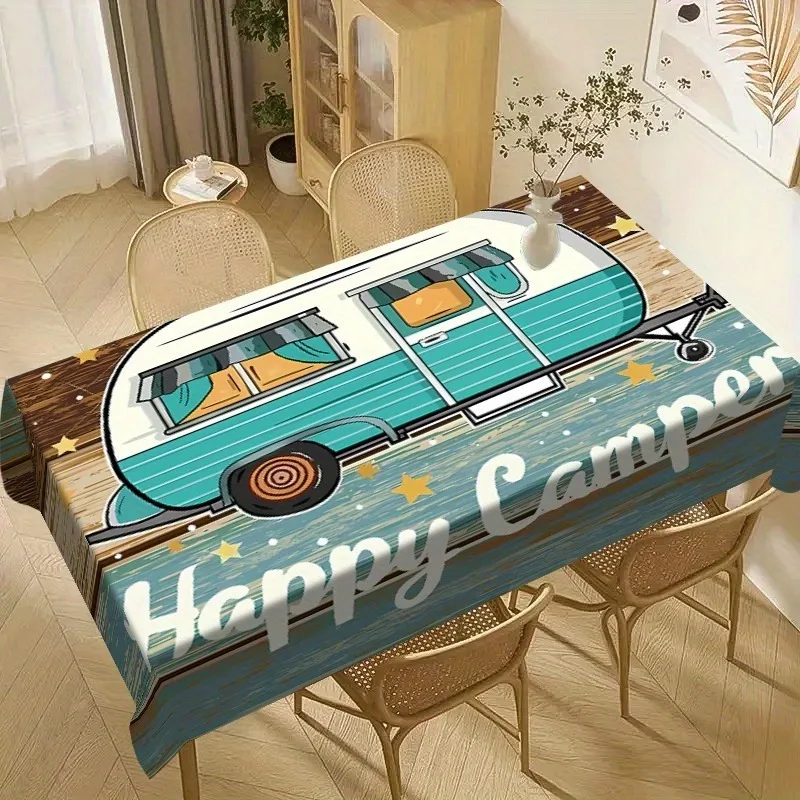 Happy Camper Retro Camping Tablecloth Vintage Camper Van & Hearts Wood Design Durable Table Cover for Indoor Outdoor Use - Image 3
