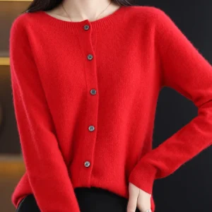 Aliselect Autumn Winter Women 100% Merino Wool Sweater O-Neck Tops Long Sleeve Basic Cashmere Knitwear Cardigan Clothing Coat
