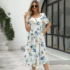 2024 Europe and the United States summer new women's fashion elegant printed round neck short sleeve zipper dress