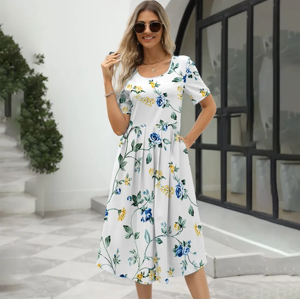 2024 Europe and the United States summer new women's fashion elegant printed round neck short sleeve zipper dress - Image 6