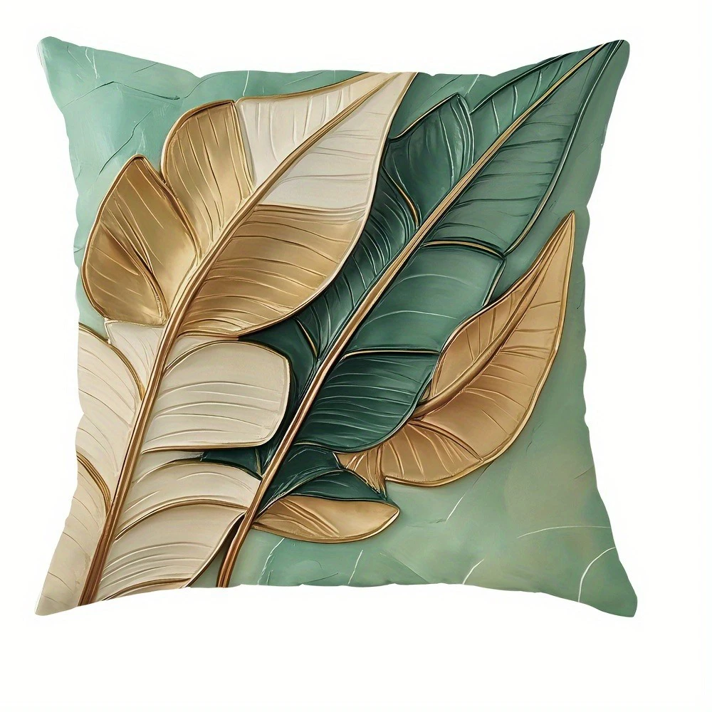 Elegant Green and Gold Leaf PillowcasesLiving room sofa cushion cover, soft and comfortable, bedroom room decoration - Image 5